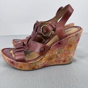 Born Sandals Womens Size 8 Brown Leather Strappy Floral Cork Wedge Heel B47606